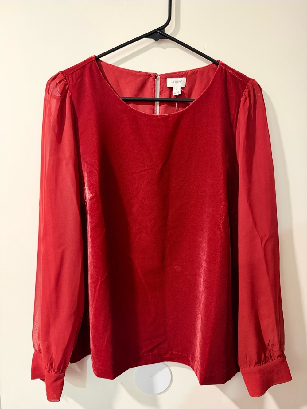 J. Crew Red Velvet Front with Sheer Red Sleeves Blouse